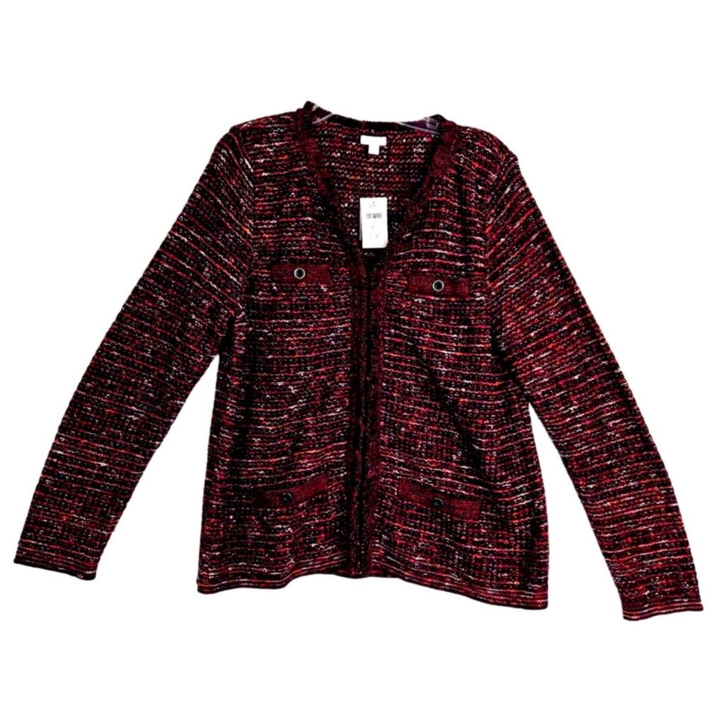 J.Jill NWT Large Tweed Cardigan‎ Sweater Multicolor Cranberry Fringe Boho #778